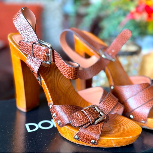 Dolce & Gabbana Cognac brown leather sandals heels with studs western vibe boho - Picture 10 of 11